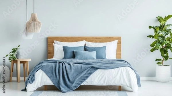 Fototapeta Bright and airy bedroom with an accessible bed, featuring a sturdy frame and soft bedding.