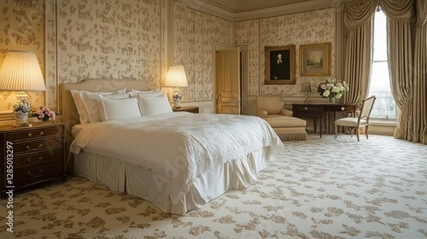 Obraz Elegant and functional bedroom with a well-anchored, safety-focused carpet.