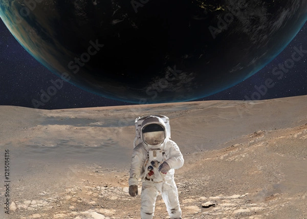 Fototapeta An astronaut in a spacesuit stands on the Martian surface, with Earth visible in the background against a starry sky.  Elements of this 3D rendered illustration where furnished by NASA.