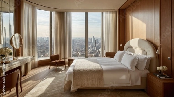 Fototapeta Modern bedroom with a neatly designed bed, featuring a cushioned headboard and sturdy frame.