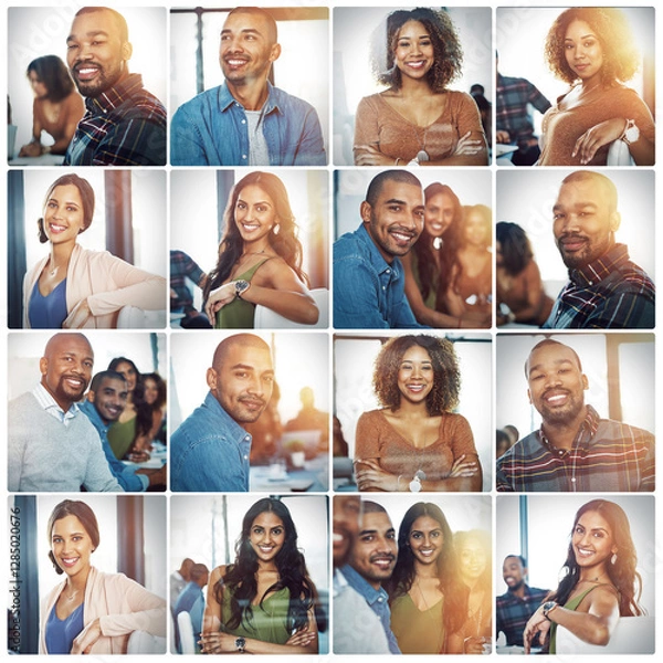 Fototapeta Portrait, business and people with composite in meeting of corporate career, about us and conference room. Smile, staff and pride with montage for team diversity, professional ambition and confidence