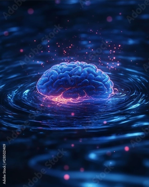 Obraz A brain-shaped figure with bright lines of light lurks on the calm surface of the water. The lights twinkle. digital art