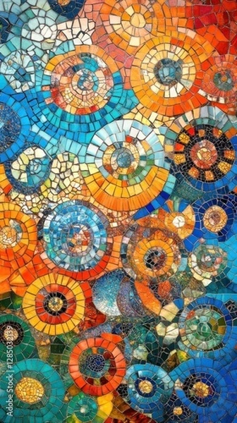 Fototapeta Vibrant mosaic artwork with colorful circular patterns and textured surface.