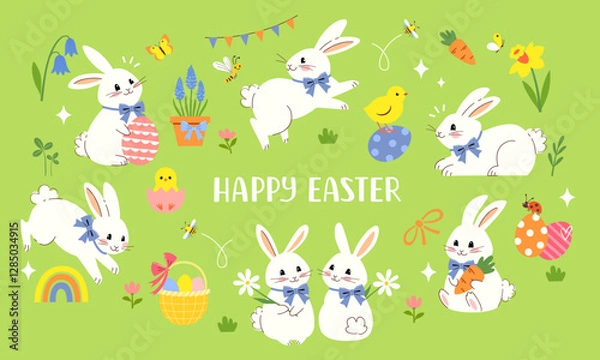 Fototapeta Vector festive clip art of cute white Easter Bunnies, Easter eggs, chicks and spring flowers on green background. Happy Easter greeting card, poster, banner template.