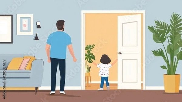 Fototapeta Father and Daughter at Home Doorway: A heartwarming illustration of a father and his daughter at a doorway, a simple yet touching scene of domestic life and family connection.