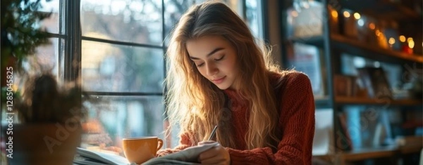 Fototapeta Young woman sitting and reading a book in a cafe On a warm sunny day She is sitting by the window. realistic, cinematic, woman, book, reading, cafe, window, snow, cold, warm, relaxing, happy, sunlight