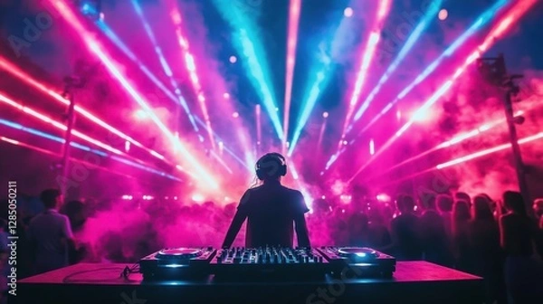 Obraz A DJ at a music festival, standing behind a turntable with vibrant neon lights, lasers, and a crowd dancing under the night sky. 