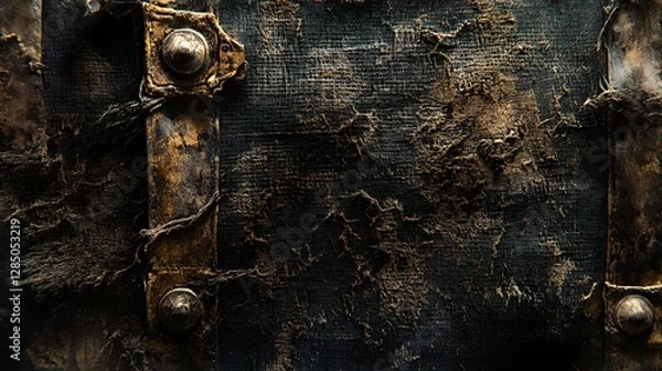 Fototapeta Close-up view of a weathered antique chest. The surface shows its age and wear, with dark colors and a textured look. Aged Treasure Chest: A Grunge Texture of Time and Decay