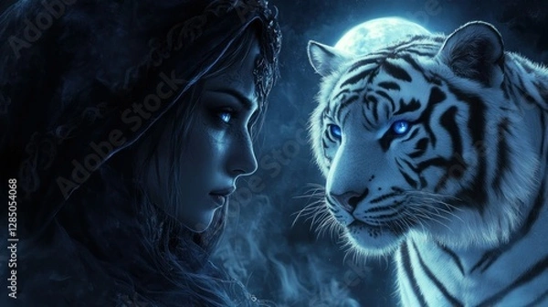 Fototapeta Enigmatic woman gazing intently at a mystical white tiger under a glowing moonlit sky
