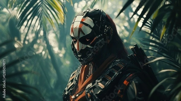 Obraz Futuristic warrior in a dense jungle, poised for action amidst vibrant foliage and shadows
