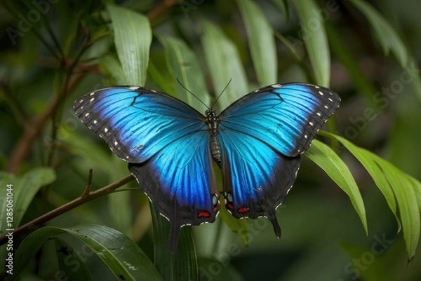 Fototapeta Vibrant Blue Morpho Butterfly Portrait on Green Foliage - Detailed Macro Shot, Vivid Colors, Natural Light, Black Accents, Delicate Wings