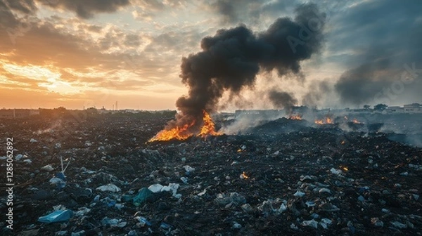 Fototapeta A Vast Landscape of Garbage with Smoke and Fire Rising Against a Dusk Sky