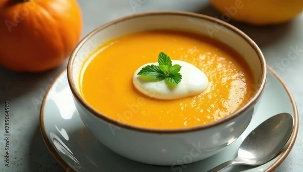 Fototapeta Velvety-smooth butternut squash soup served in a white ceramic bowl with a dollop of cr?me fra?che on top, topping, ceramic