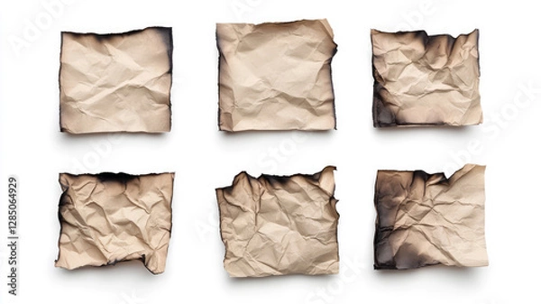Fototapeta Set of burnt and crumpled paper sheets, isolated on a white background