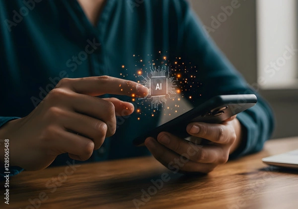 Obraz AI-Driven Hyper-Personalization.A man recommends products through a smartphone, and an AI algorithm analyzes personal preferences and past purchase history to provide the optimal choice.