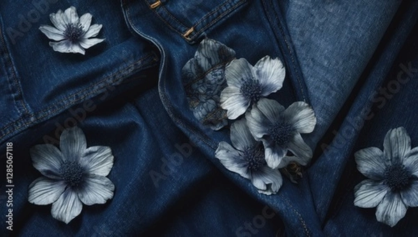 Fototapeta patterned denim jeans for printing. striking image showcasing an edgy streetwear aesthetic with a grungy touch. Detailed, realistic denim texture adorned with a floral overlay in a digital format. ...