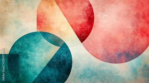Fototapeta Abstract watercolor circles and shapes in red, teal, and beige.