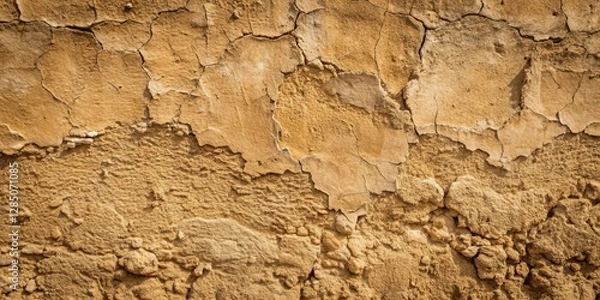 Fototapeta Distressed earthy mud plaster wall with natural texture and uneven surface, made from mixture of soil and water