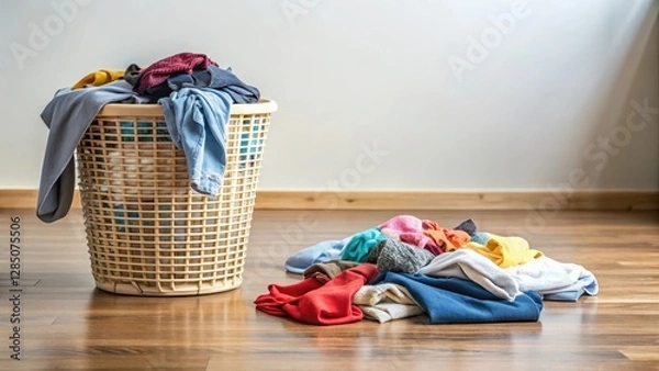 Fototapeta Clothes scattered on the floor near a laundry basket, fabric, chaos,  fabric, chaos, clutter