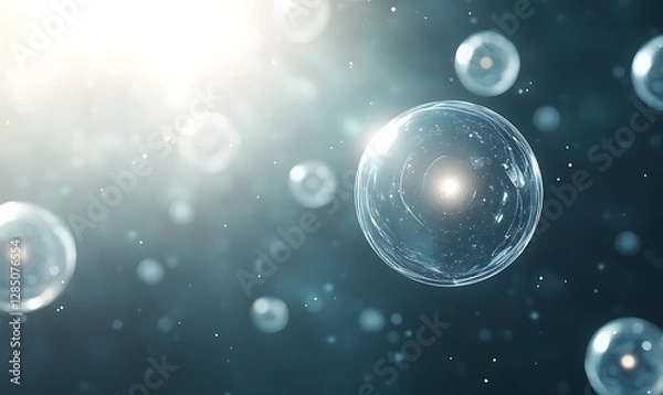 Fototapeta Translucent bubbles floating in a dreamy, illuminated background.