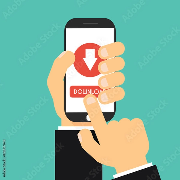 Fototapeta Businessman hand holding smartphone with file download button on