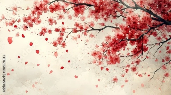 Fototapeta A delicate watercolor illustration of cherry blossoms with falling petals on a soft background.