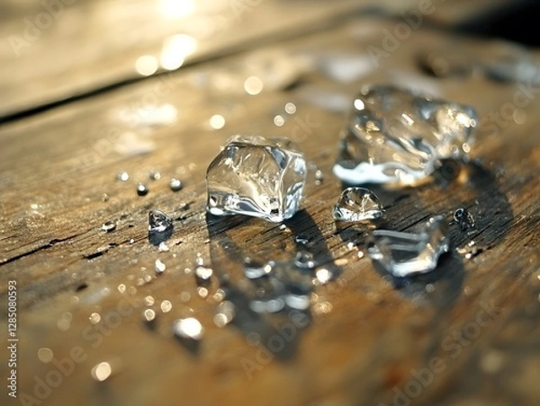 Fototapeta Close-up of textured ice cubes melting on a wooden surface, with droplets reflecting the light