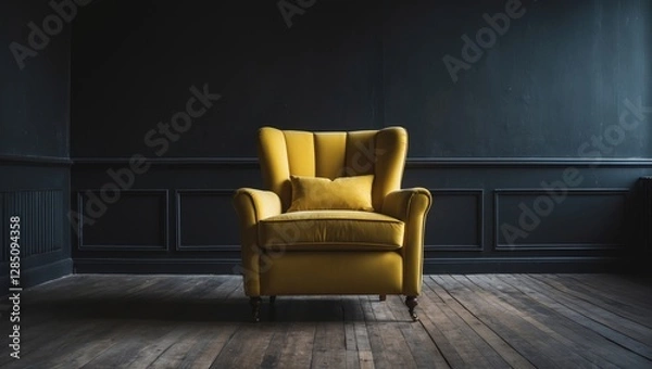 Fototapeta A vibrant yellow armchair is positioned in a room with a bare black wall as its backdrop.