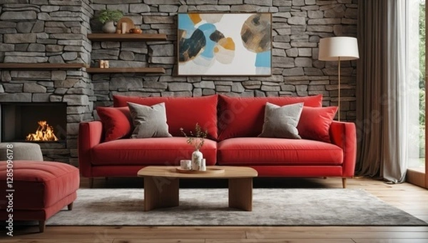 Fototapeta Vibrant red couch in a cozy living area featuring a stone wall - digital rendering