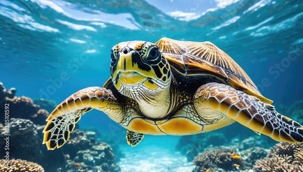 Fototapeta sea turtle gliding through the azure waters of the Great Barrier Reef.