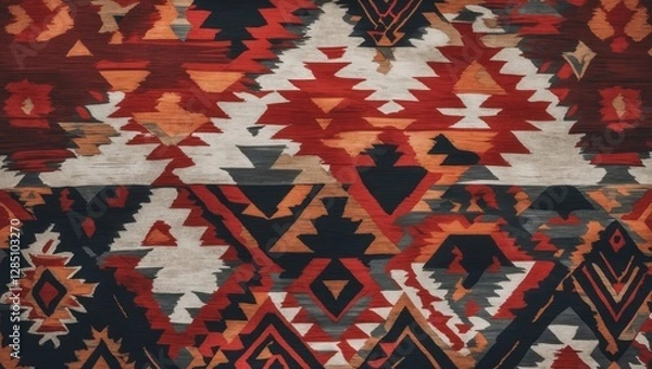 Fototapeta Ongoing diamond motif with hand-drawn triangle-chevron design. Mexican geometric red artwork. Ethnically inspired diamond shapes. Abstract Ikat tile pattern. Native American carpet with rhombus forms.