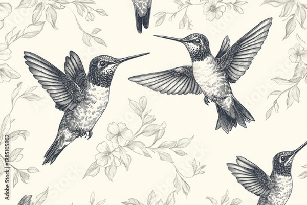 Fototapeta Hummingbirds flying amidst blossoms, seamless pattern, nature background, fabric design
