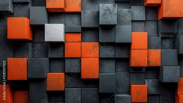 Fototapeta  Industrial Geometric 3D Cube Wall with Metallic and Rust Textures
