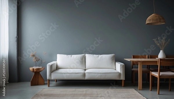 Fototapeta a glimpse of a sleek living space featuring a cozy white sofa, a wooden dining table against a gray backdrop, and natural wooden decor.