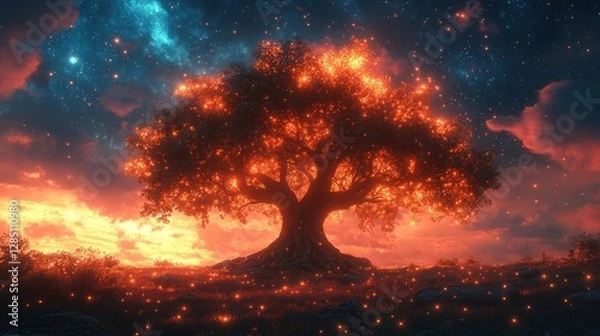 Fototapeta Enchanted Glowing Tree with Magical Lights Reflected on Water