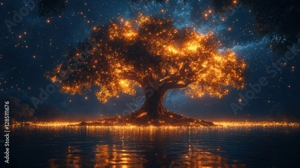 Fototapeta Enchanted Glowing Tree with Magical Lights Reflected on Water