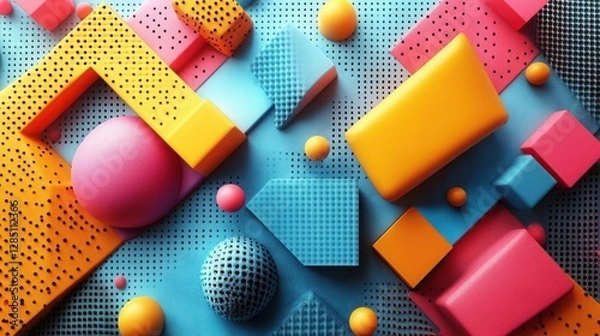 Fototapeta Colorful Geometric 3D Wall with Abstract Shapes and Modern Design
