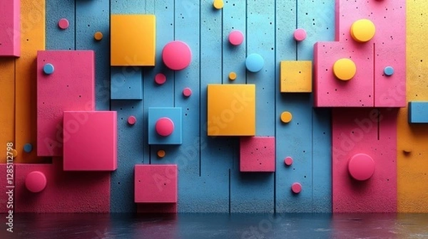 Fototapeta Colorful Geometric 3D Wall with Abstract Shapes and Modern Design