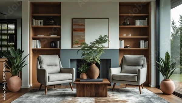 Fototapeta Contemporary living room interior design featuring a cozy relaxation area with two armchairs, a bookcase, and plants for a comfortable atmosphere.