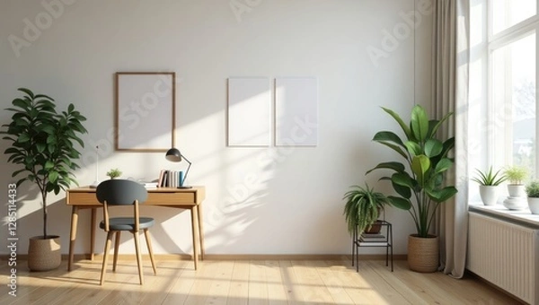 Fototapeta Vibrant interior of a living room featuring a half-wall, artwork, a desk with books, thriving plants, and a window adorned with curtains.