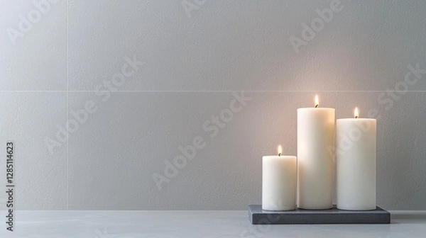 Fototapeta Three white candles on gray tray, serene, minimalist setting.  Possible use  Stock photo for design or relaxation concepts