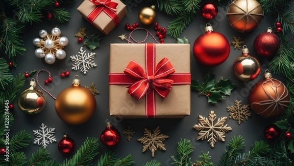 Fototapeta Holiday gift wrapped with decorations - aerial perspective flat lay