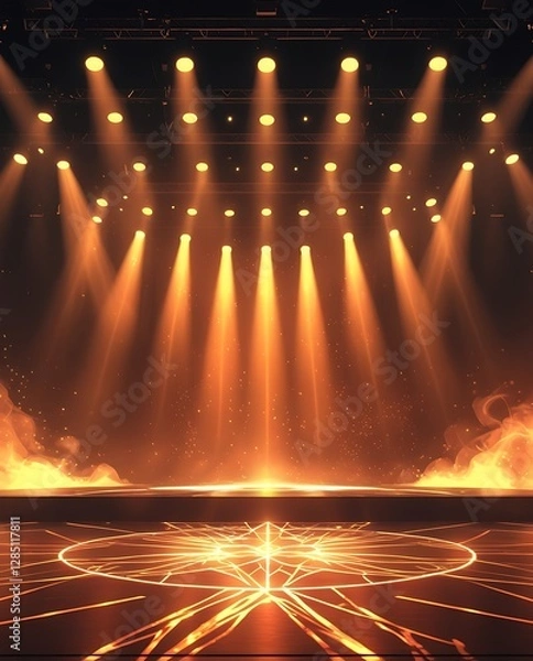 Fototapeta Dramatic stage illuminated by golden spotlights with a smoky atmosphere, creating a powerful concert, performance, or event scene with dynamic lighting and cinematic depth

