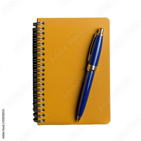 Fototapeta Yellow spiral notebook and blue pen on transparent background