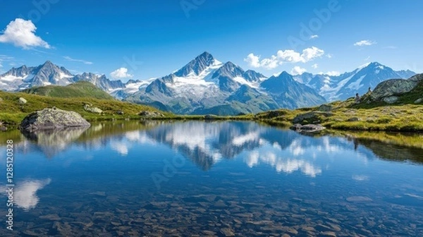 Fototapeta A breathtaking mountain landscape reflected in a serene lake, surrounded by lush greenery and clear blue skies.
