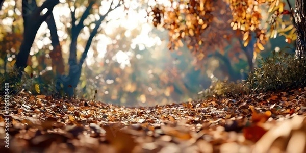 Fototapeta Path through a forest with leaves on the ground