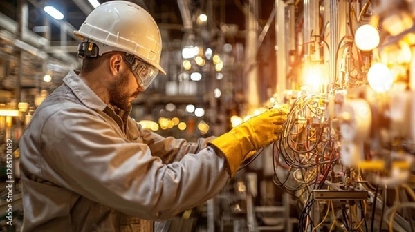 Fototapeta Industrial Electrician at Work: A Close-Up of a Skilled Worker Maintaining Complex Electrical Systems in a Modern Factory Setting