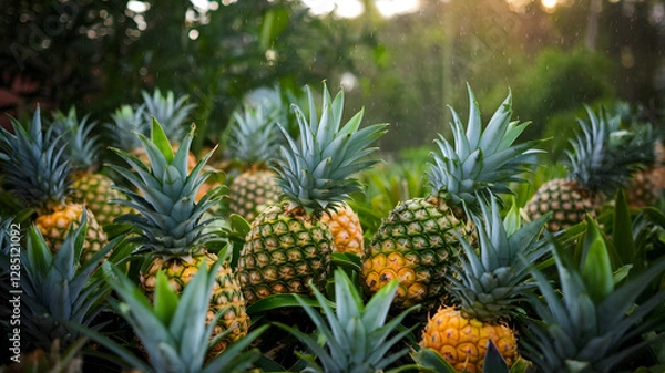 Fototapeta A field of pineapples ripening under the sun. The vibrant green leaves and yellow fruits make a stunning display.