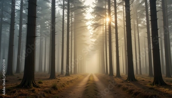 Fototapeta Misty Pine Forest with a Tranquil Pathway