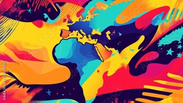 Fototapeta Vibrant Abstract World Map with Colorful Swirls and Dynamic Shapes